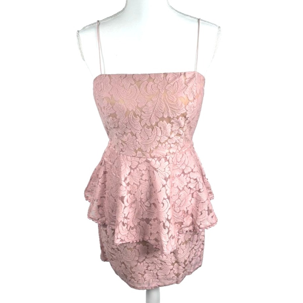 Lace Mini Dress Womens Sz M Spaghetti‎ Strap Peplum Romantic Y2K 90s 80s Pink